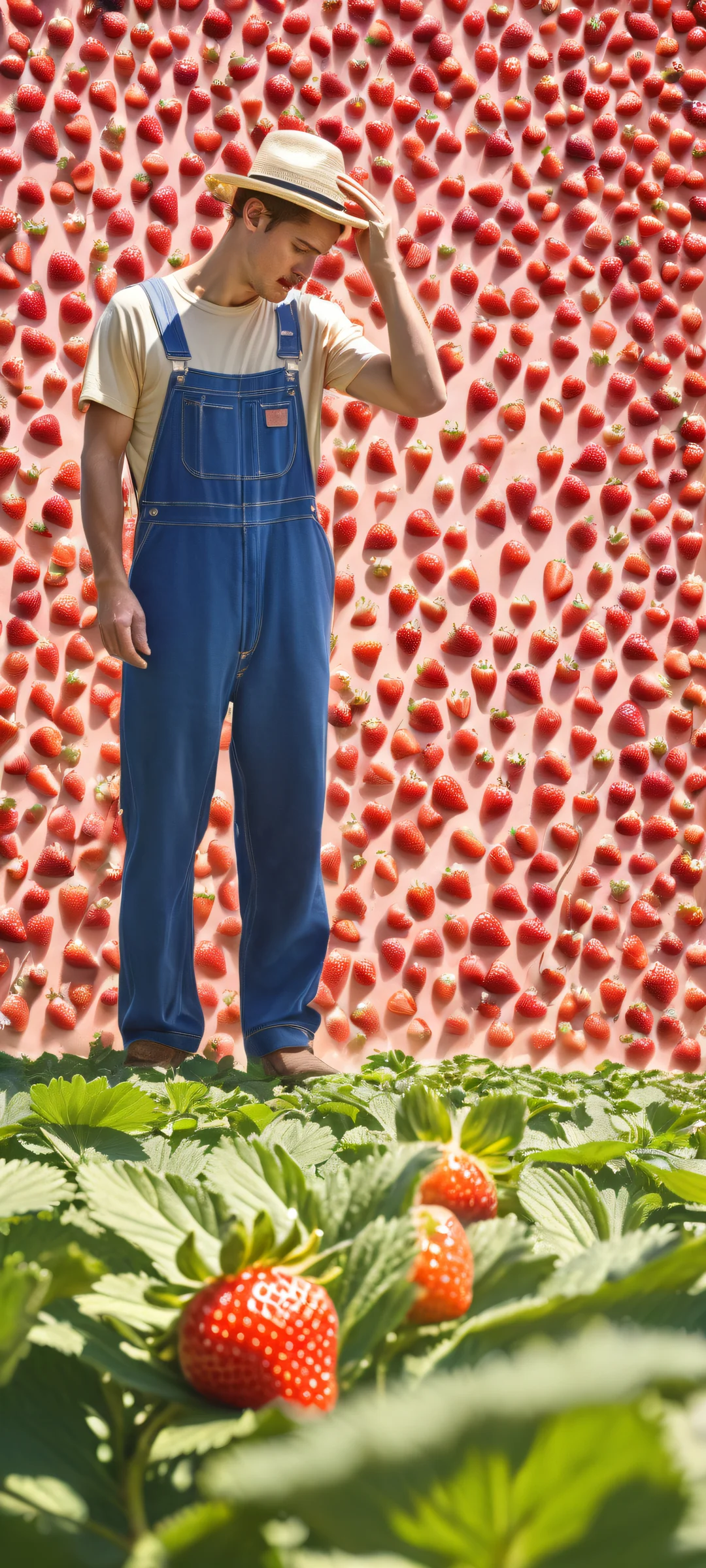A cow-sized strawberry, orange, and blueberry artwork featuring a farmer in overalls and a straw hat, perfekt für iPhone/Android-Startbildschirme.