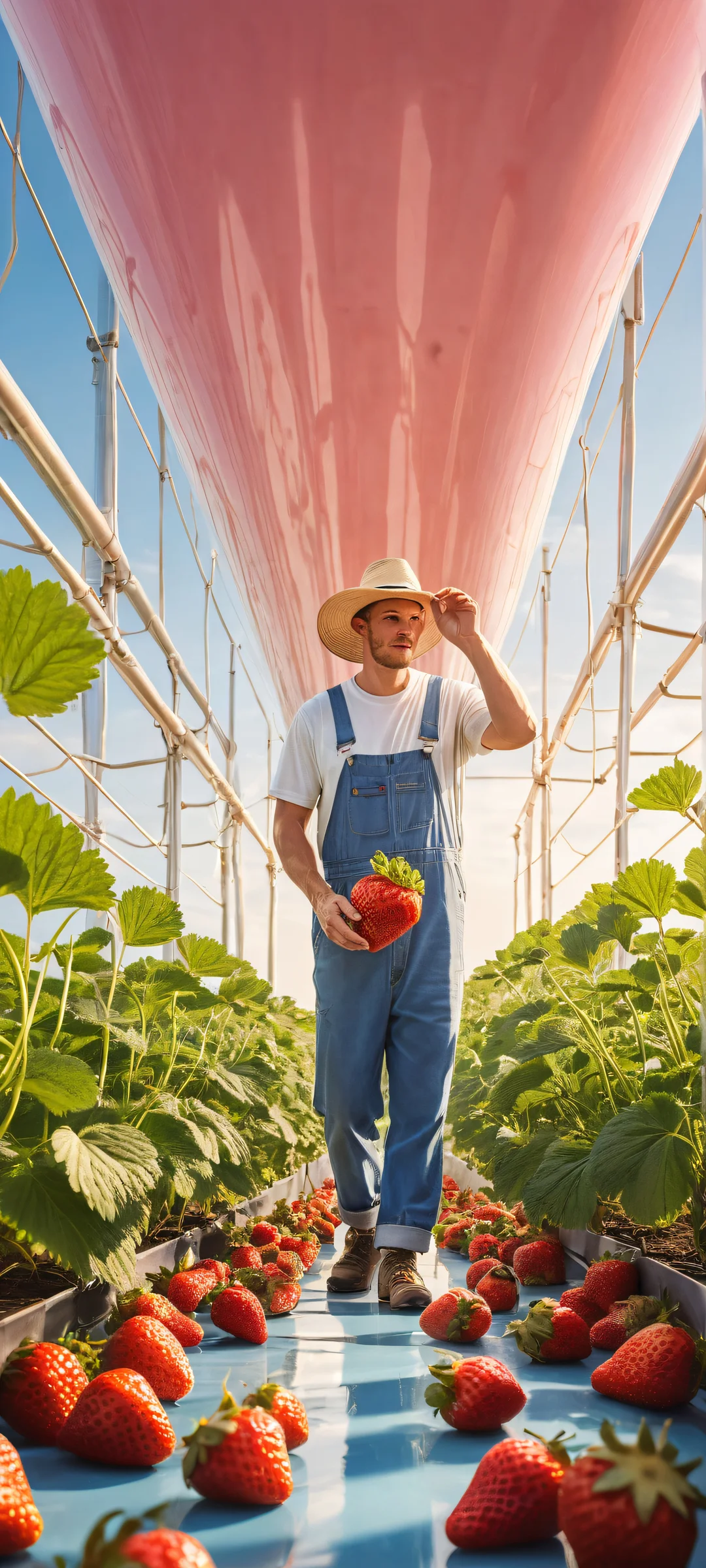 A peaceful scene of a farmer milking giant strawberries, oranges, and blueberries on an empty background. Perfekt für iPhone- und Android-Startbildschirme.