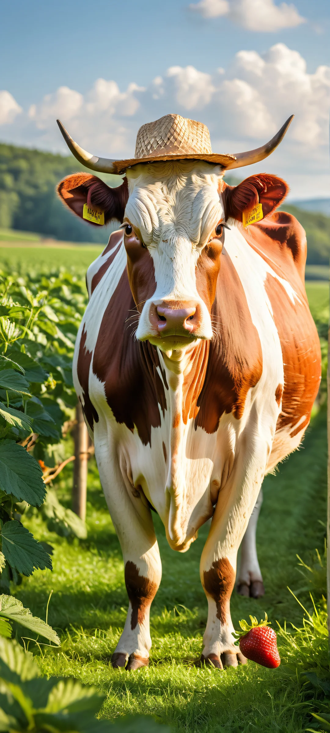 A farmer milks a giant strawberry, orange, and blueberry stand, perfectly optimized for iPhone and Android home screens.