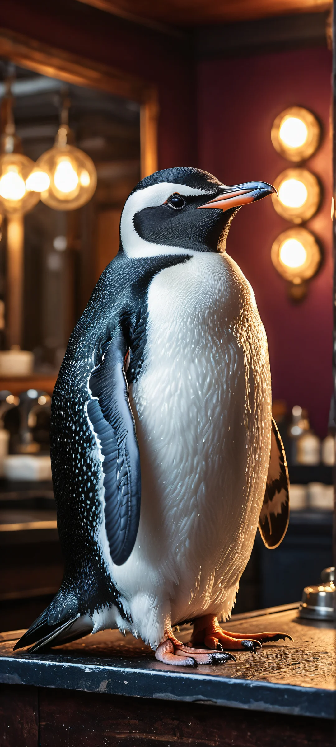 A plump penguin looking frustrated as a barber removes black feathers from its head on an iPhone/Android home screen.