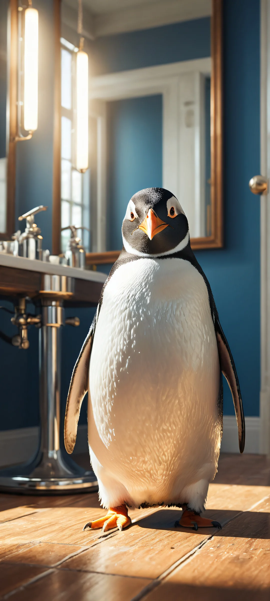 A plump penguin looks on in frustration as a human barber tends to its fellow penguins in the background. Perfect for iPhone/Android home screens.