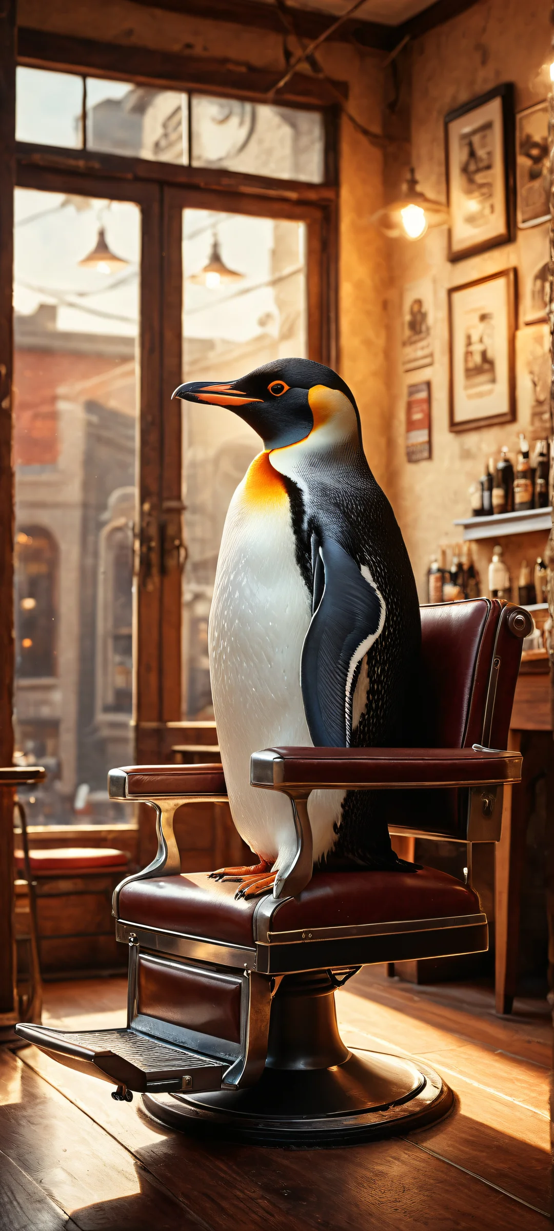A plump penguin in a barber shop scene with iPhone/Android