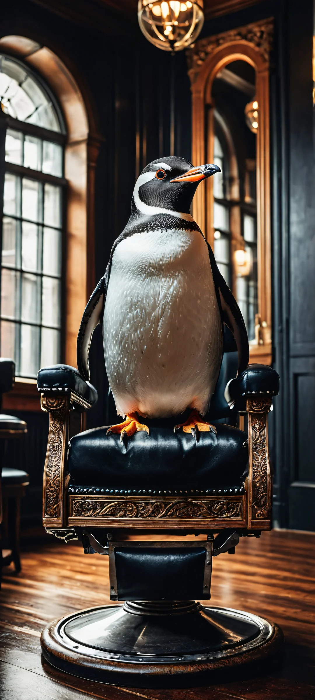 A frustrated penguin sits intensely in an ornate barber chair, looking out of place against the dimly lit vintage barbershop atmosphere. Perfect for iPhone and Android home screens.