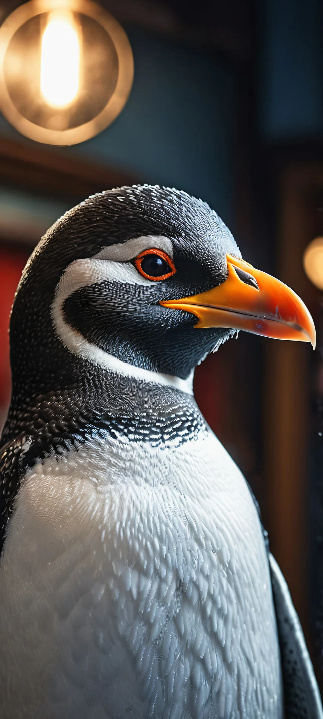 A plump penguin with an intense expression on a dark blue background with bright red and white accents, perfect for iPhone or Android home screens.