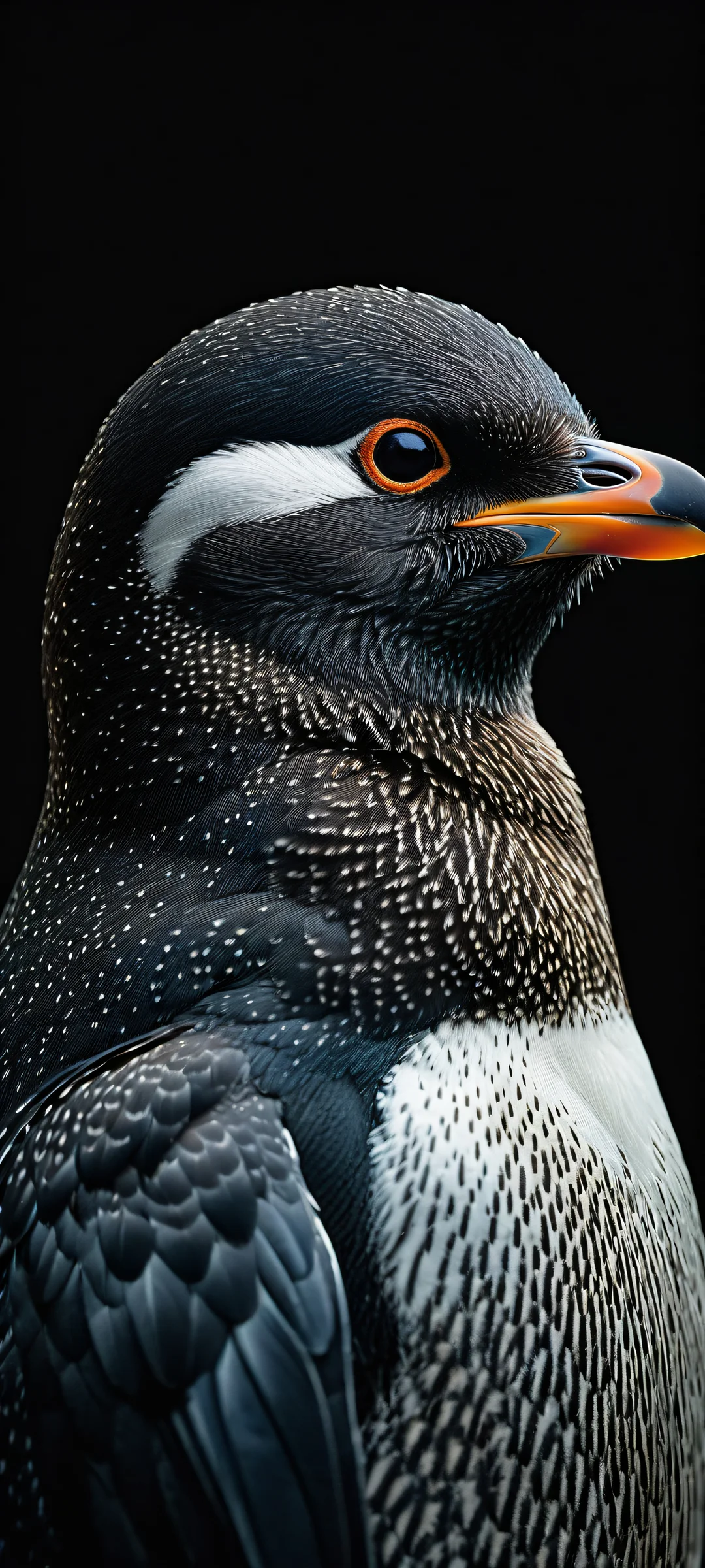 A penguin in a vintage barbershop setting, iPhone/Android wallpaper with intricate micro-details and striking contrast.
