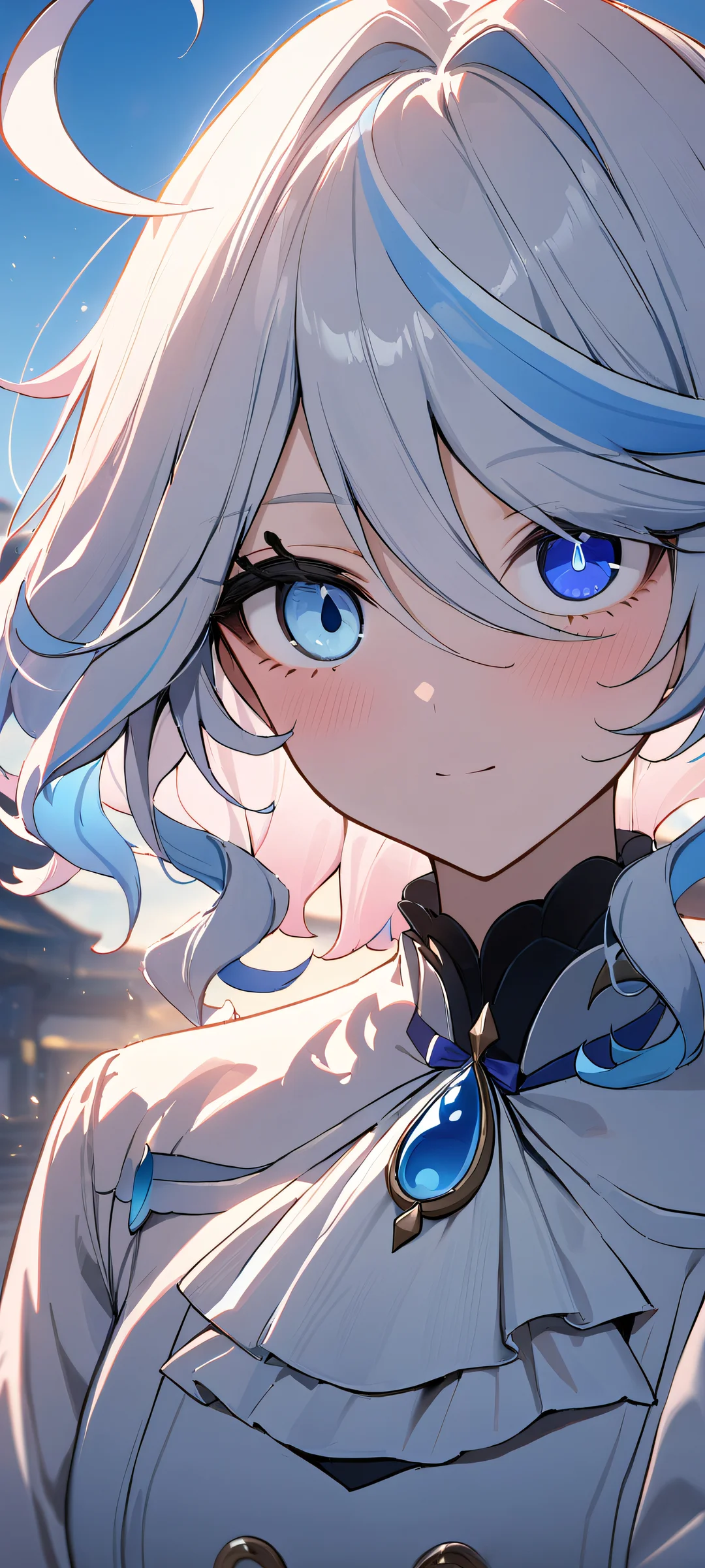 A stunning portrait of Furina from Genshin Impact, gazing directly at the viewer on an iPhone/Android device, surrounded by a beautiful sky with vivid colors and cinematic lighting.