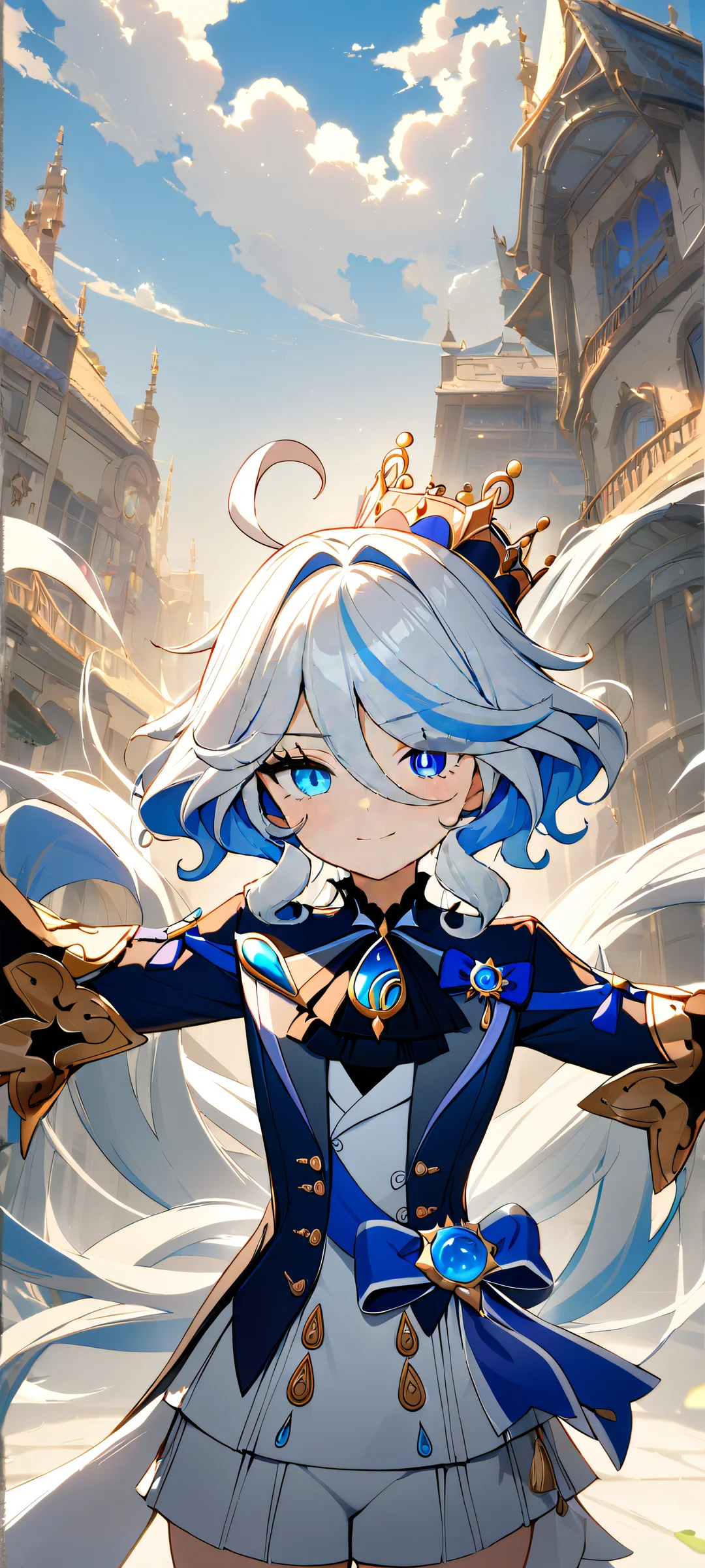 A stunning portrait of Furina from Genshin Impact looking directly at you on your iPhone/Android device.