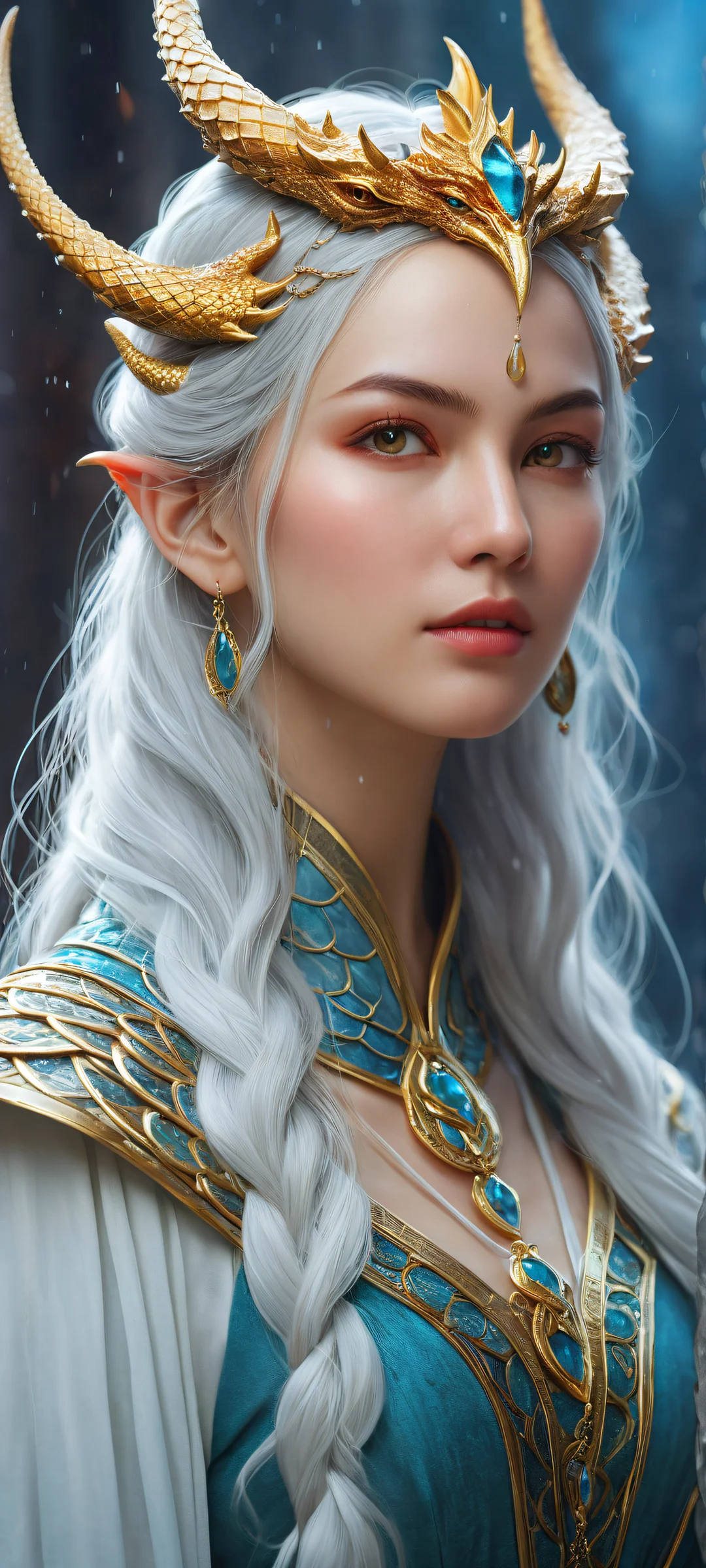 iPhone and Android wallpaper featuring Furina with mystical staff and swirling rain clouds, with dragon scales in the background.