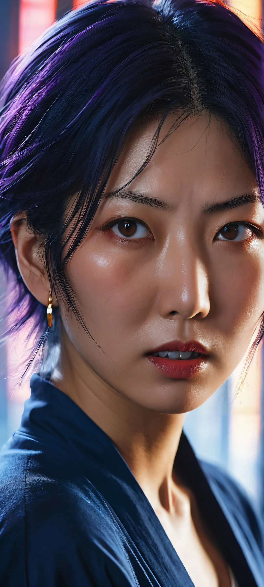 Angry portrait of Takako Uro for iPhone/Android with intense details and ambient lighting.