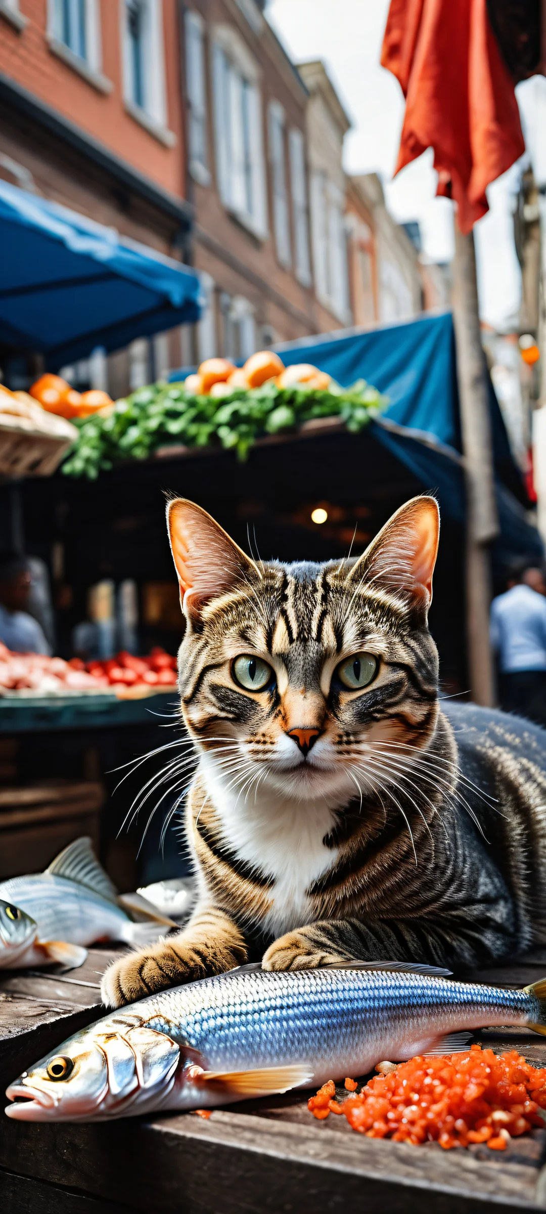 A young tabby cat hugging a fish, with a Dutch street market scene in the background, optimized for iPhone/Android home screens.