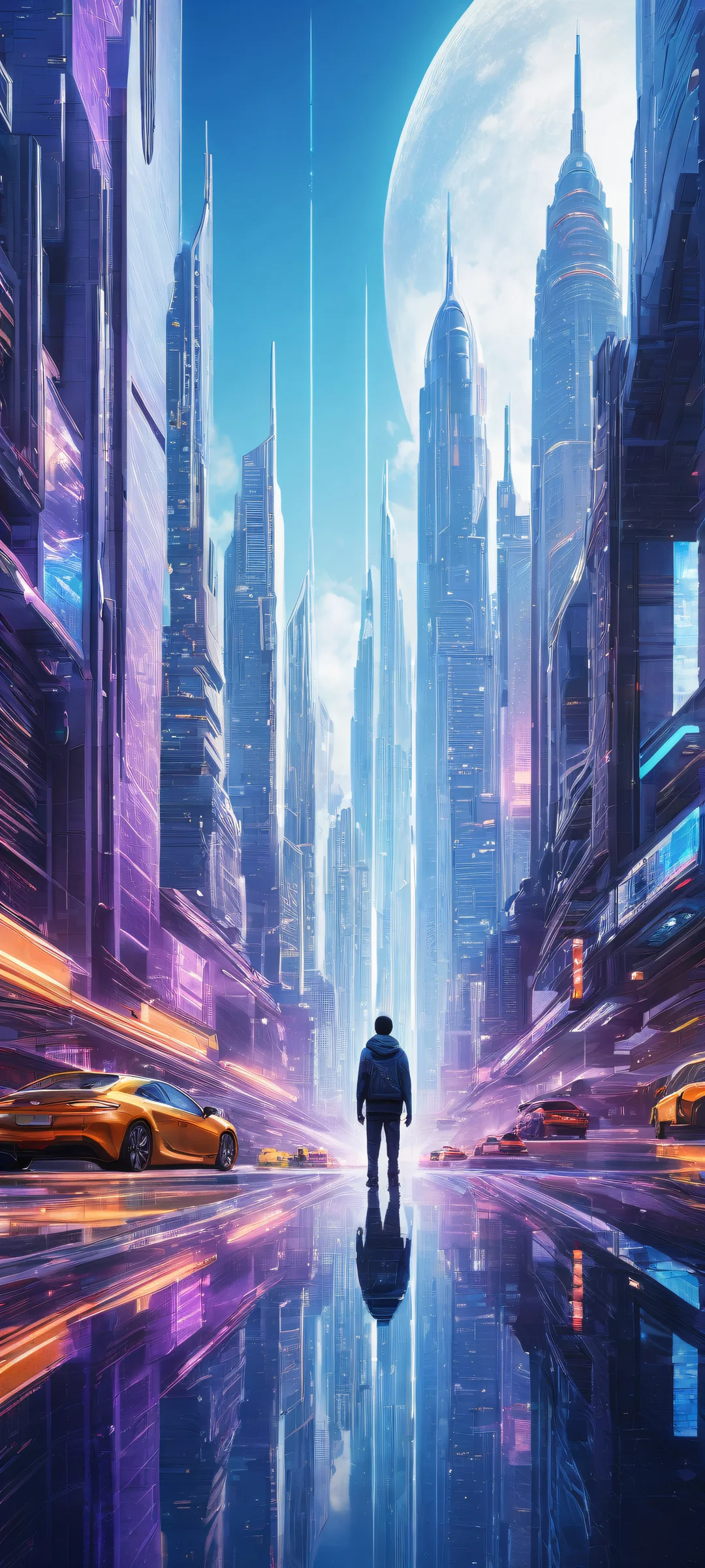 Ethereal cityscape with a boy standing in the midst of futuristic skyscrapers and flying cars, iPhone/Android compatible.