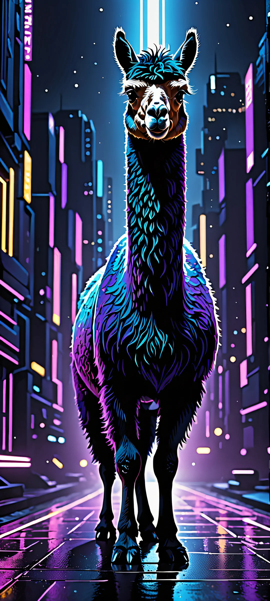 A serene futuristic alpaca scene for iPhone and Android phones, featuring intricate micro-details and luminescent accents.