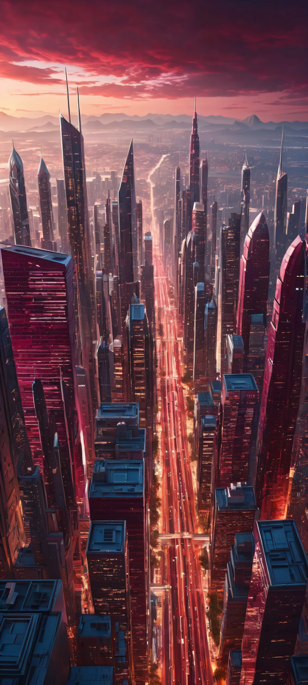 A stunning iPhone and Android compatible wallpaper of a futuristic cityscape with intricate details, ホーム画面に最適.