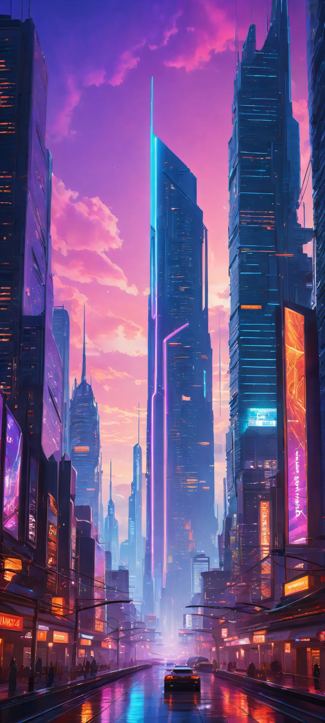 A futuristic cityscape from CD Projekt RED's Cyberpunk 2077 video game, perfectly optimized for iPhone and Android devices. Features intricate city lights, sleek architecture, and a blend of neon blues, purples, and silvers.