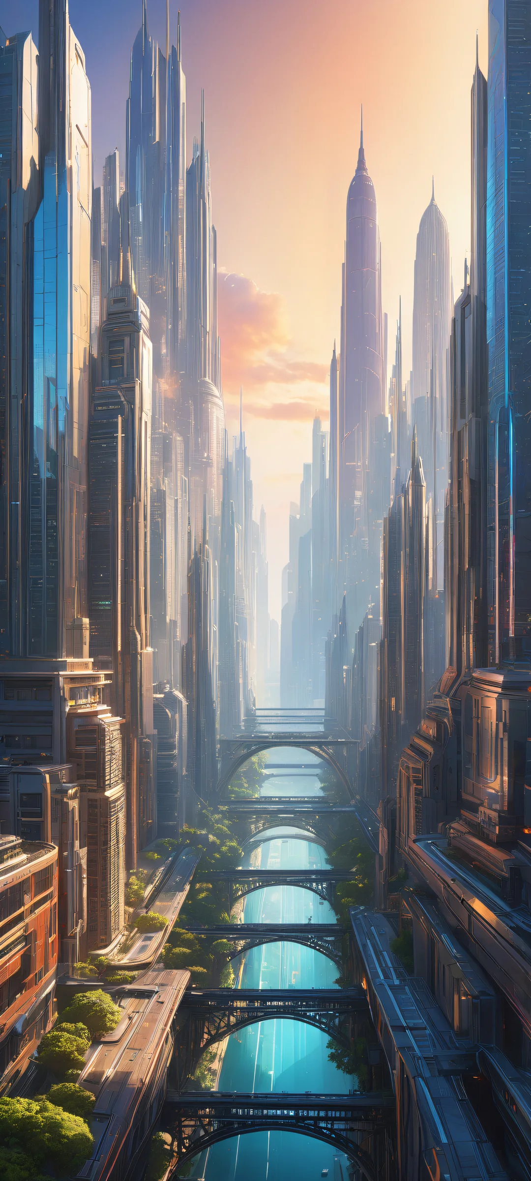A futuristic cityscape on iPhone/Android with intricate micro-details and ethereal lighting.