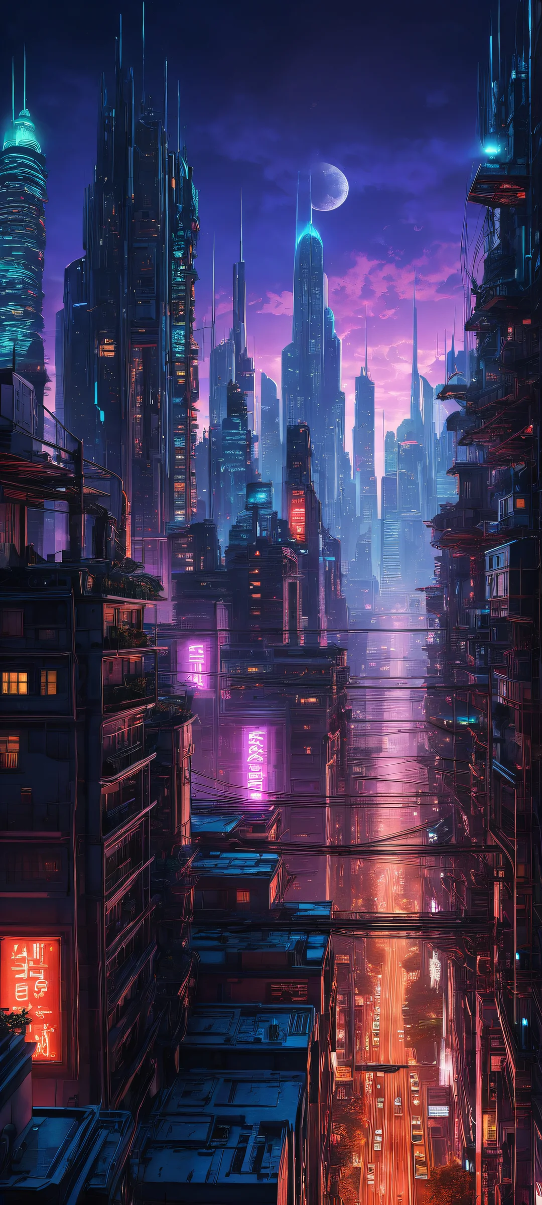 A futuristic cityscape on iPhone/Android, with intricate machinery and wires, set against a dark and gritty urban landscape.