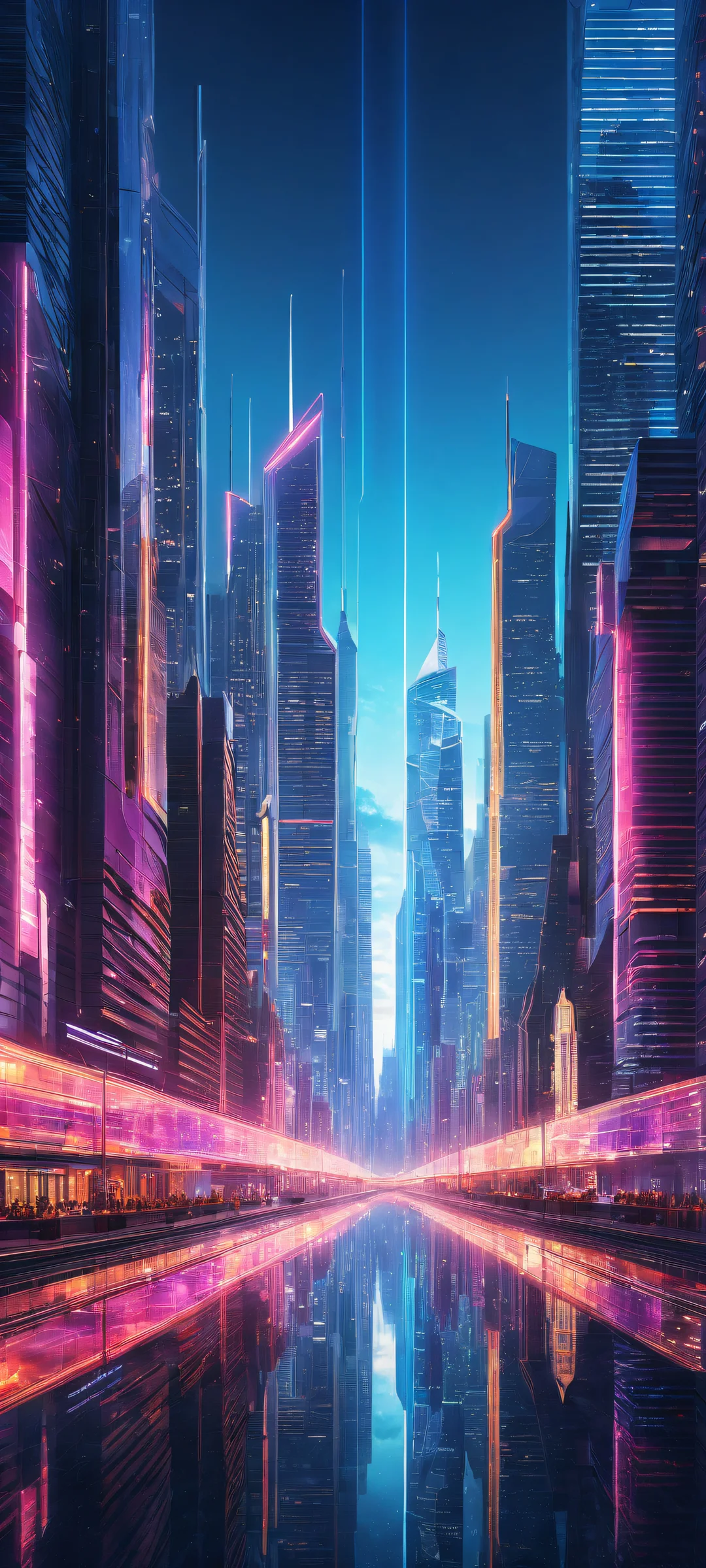 A futuristic cityscape on iPhone/Android, featuring neon lights and architecture, perfect for home screen UI.