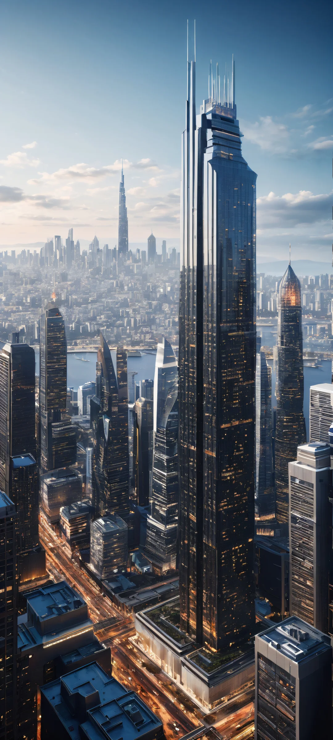 Breathtaking vertical portrait artwork of futuristic cityscape with iPhone/Android compatibility.