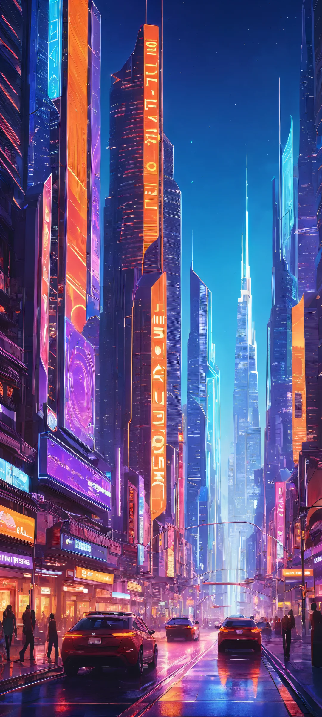 iPhone/Android-compatible futuristic cityscape with neon-lit skyscrapers and holographic advertisements, perfecto para pantallas de inicio.