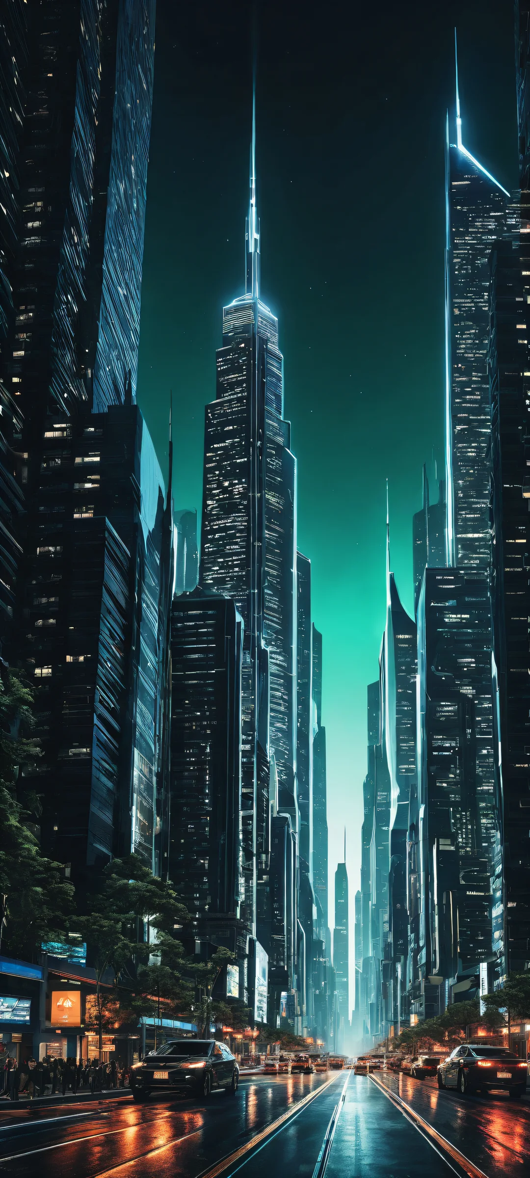 A breathtaking vertical portrait artwork featuring a futuristic cityscape with intricate micro-details and a sleek dark mode aesthetic, perfecto para pantallas de inicio de iPhone/Android.