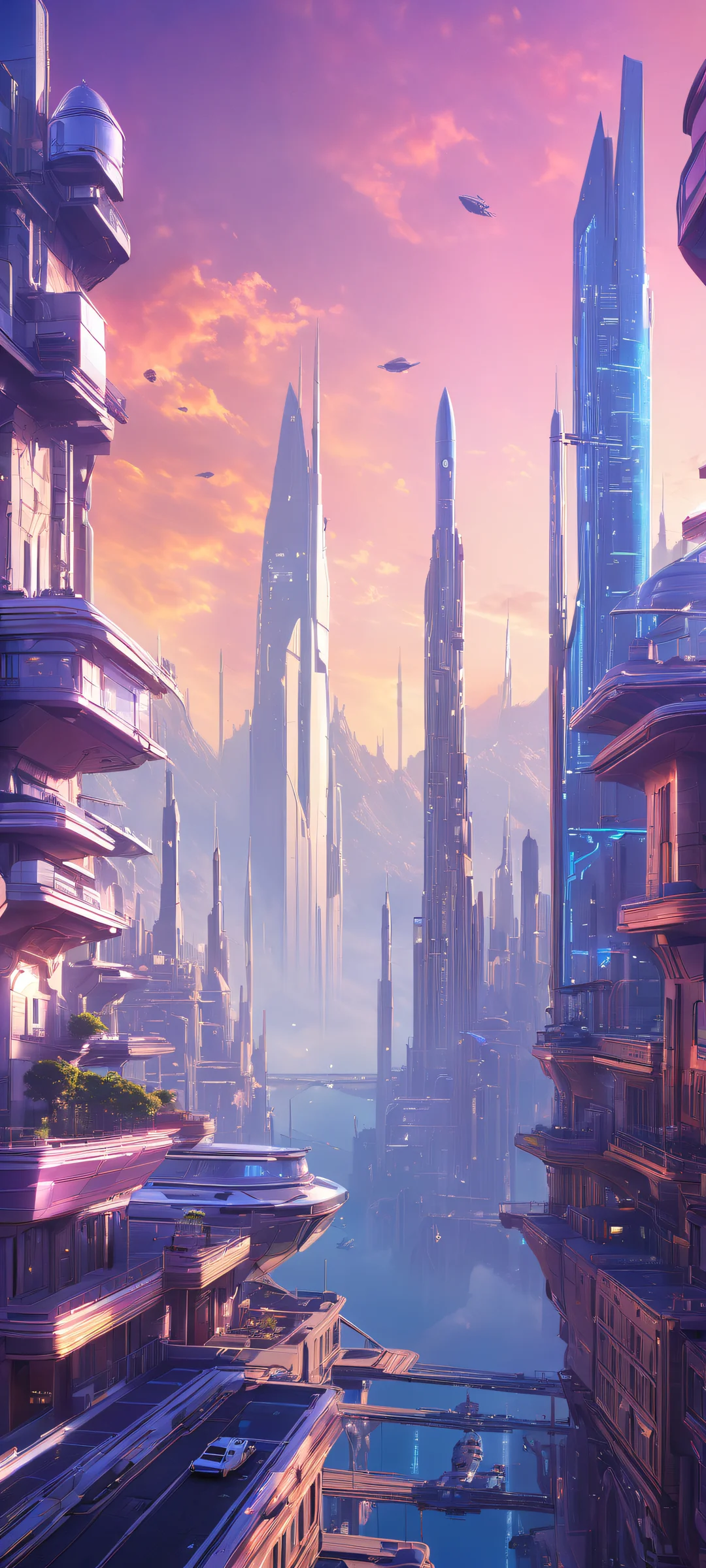 A breathtaking vertical portrait of a futuristic cityscape on an iPhone/Android device, avec des micro-détails complexes et un éclairage éthéré.