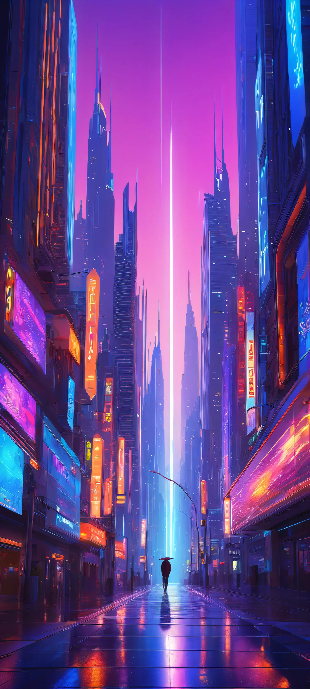A stunning futuristic cityscape on a iPhone/Android device with sleek skyscrapers and neon lights, perfectly optimized for UI widgets.
