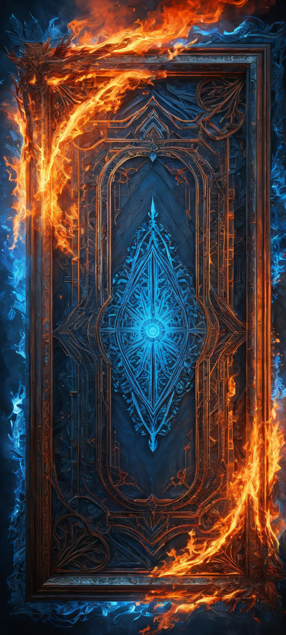 iPhone/Android futuristic picture frame with intricate circuitry and glowing blue lines amidst a warm, fiery ember.