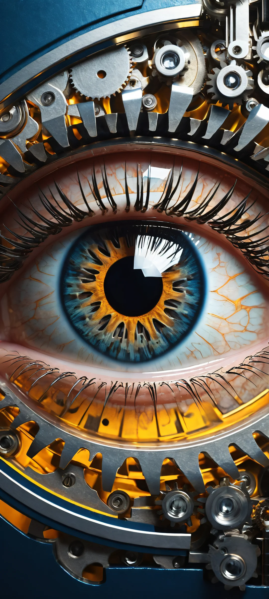 Stunning futuristic eye artwork on iPhone/Android with gears and machinery details, perfekt für Home-Bildschirme.