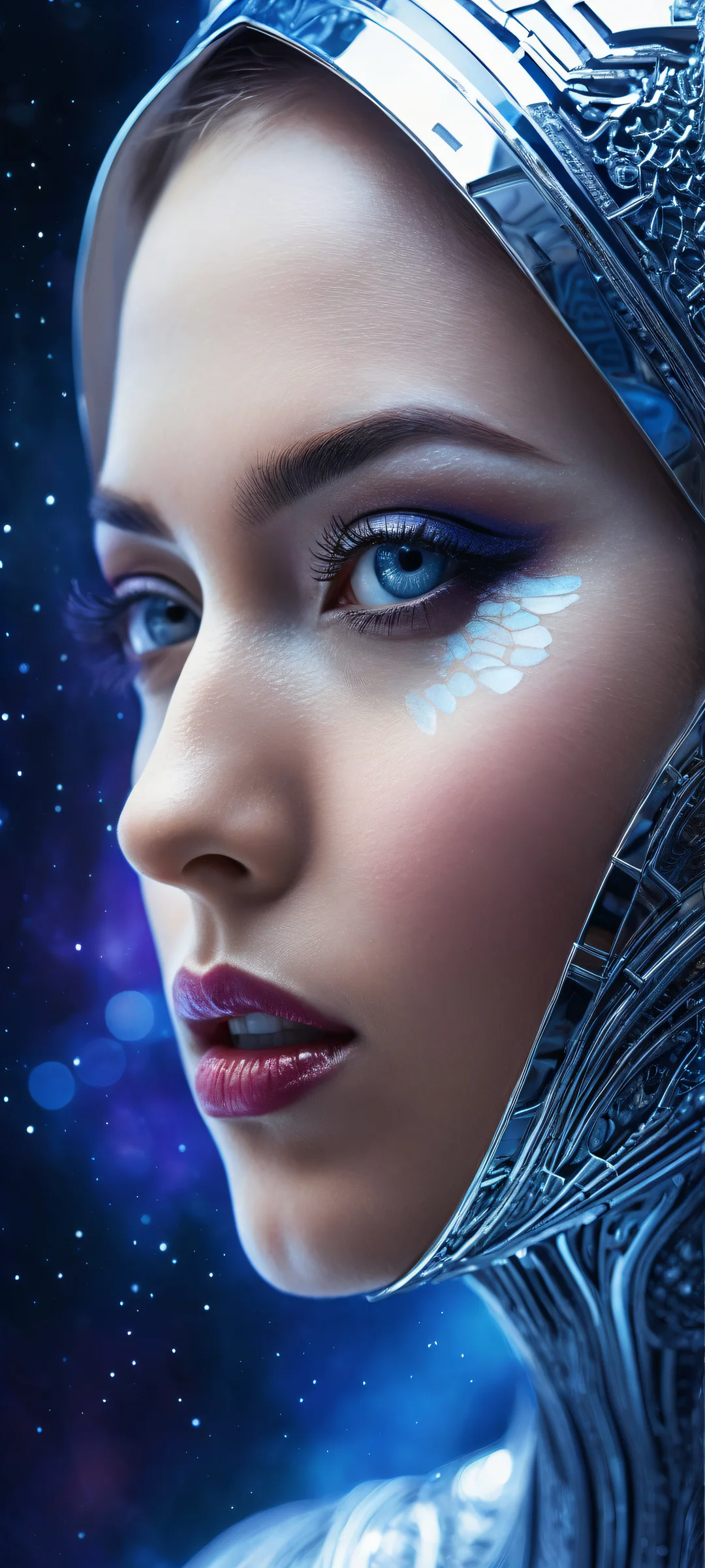 A stunning futuristic portrait for your iPhone or Android phone, featuring intricate micro-details and a vast starry background.