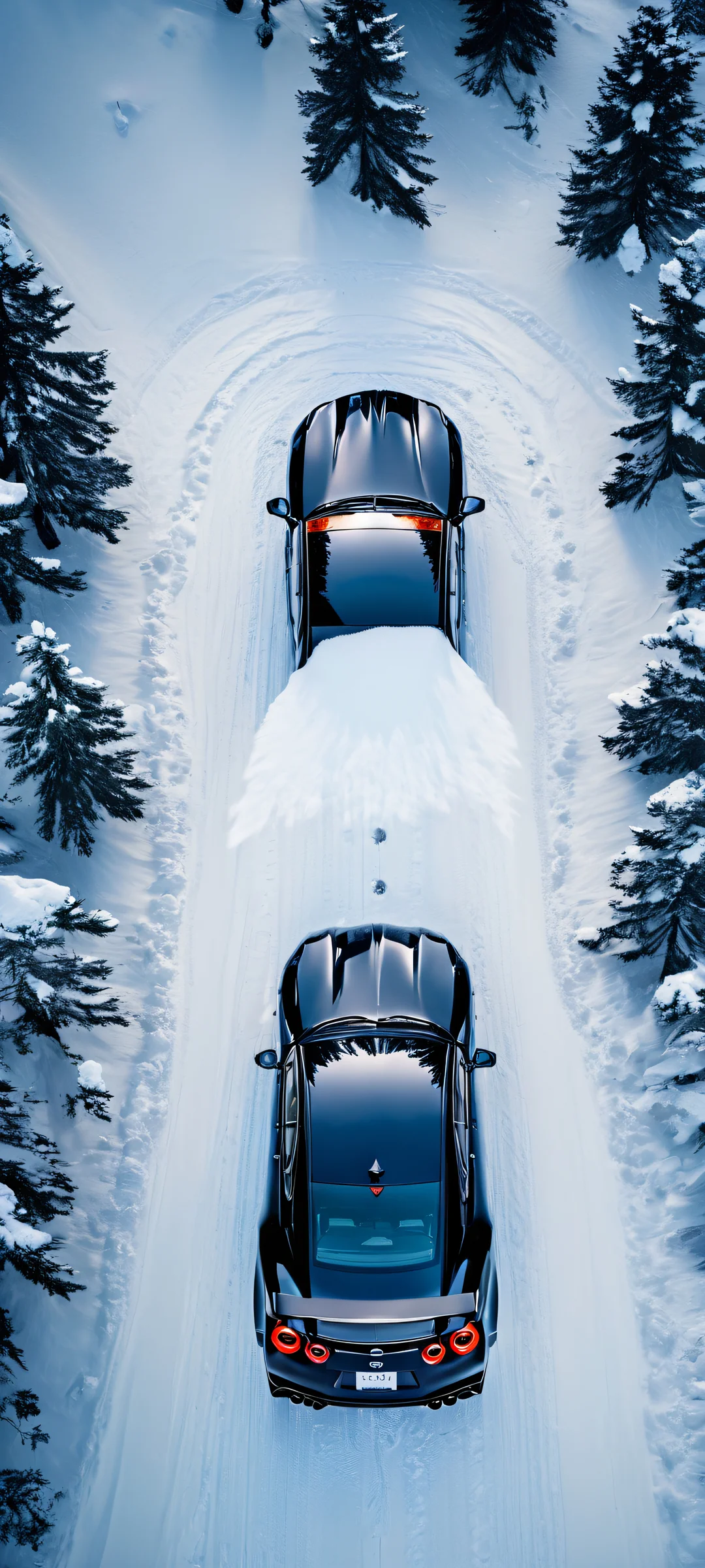 iPhone/Android user's dream come true - a breathtaking cyberpunk artwork of a futuristic Nissan GT-R set against snowy peaks, with intricate micro-details and sleek dark mode aesthetic.