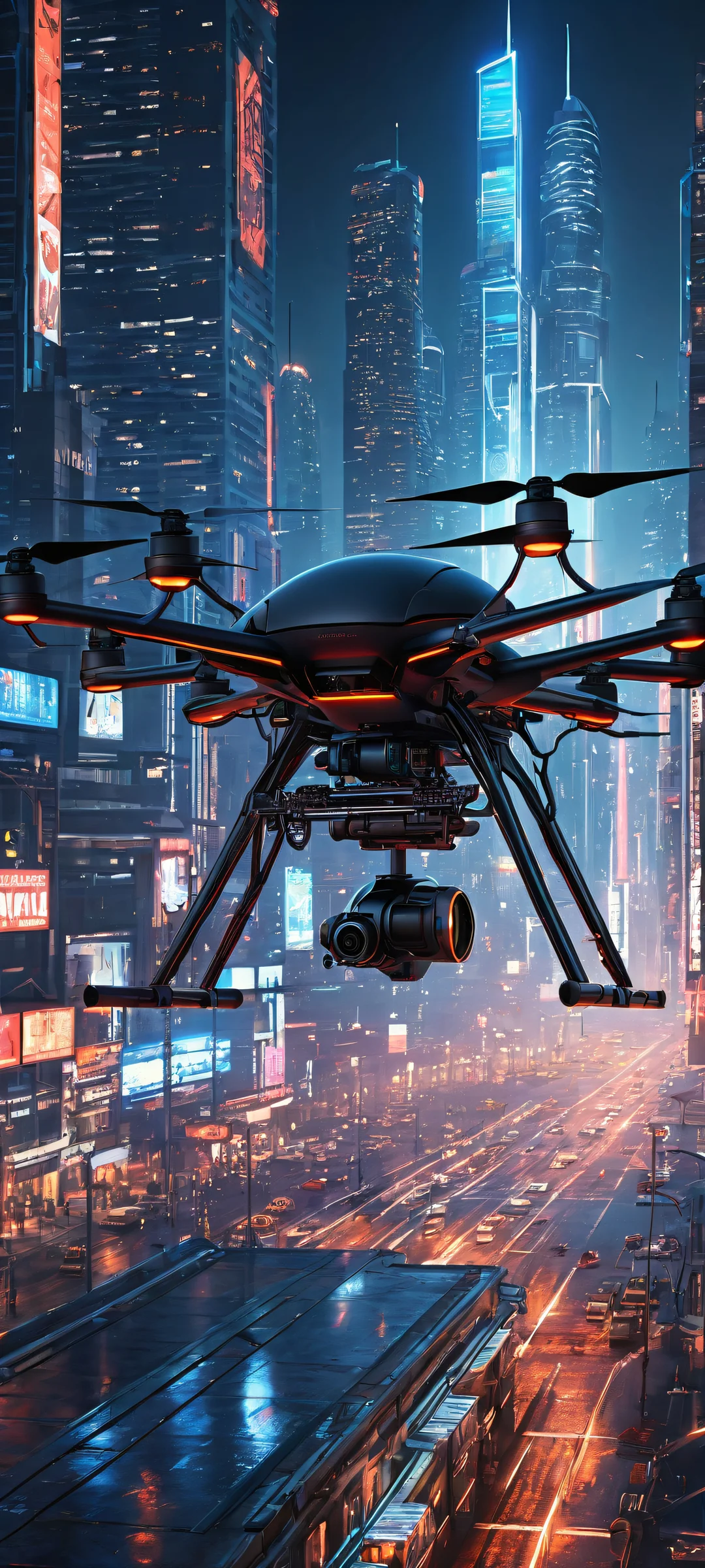 A stunning iPhone/Android wallpaper featuring a sleek drone amidst a neon-lit cityscape at night, with intricate mechanical details and a perfect blend of darkness and light.