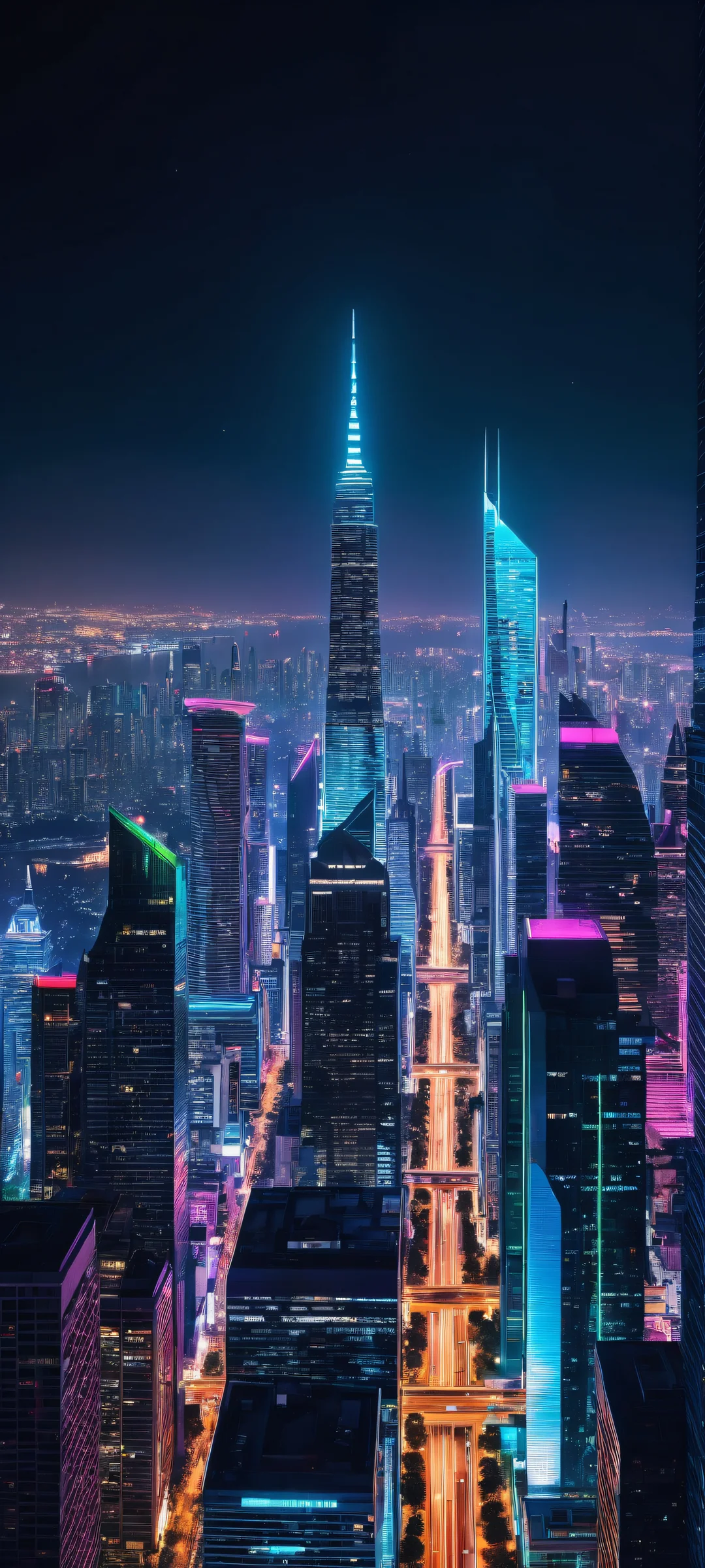 A futuristic cityscape on iPhone/Android with neon-lit skyscrapers and hovering drones, ホーム画面に完全に最適化.