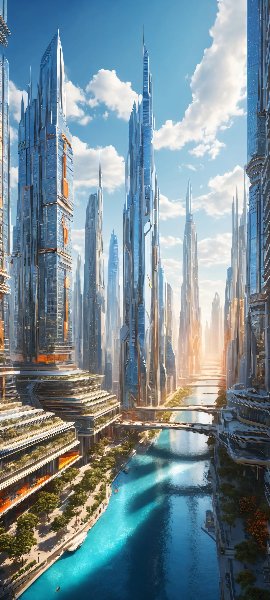A futuristic cityscape with a massive structure on an iPhone/Android home screen, featuring ethereal sunlight and radiant colors.