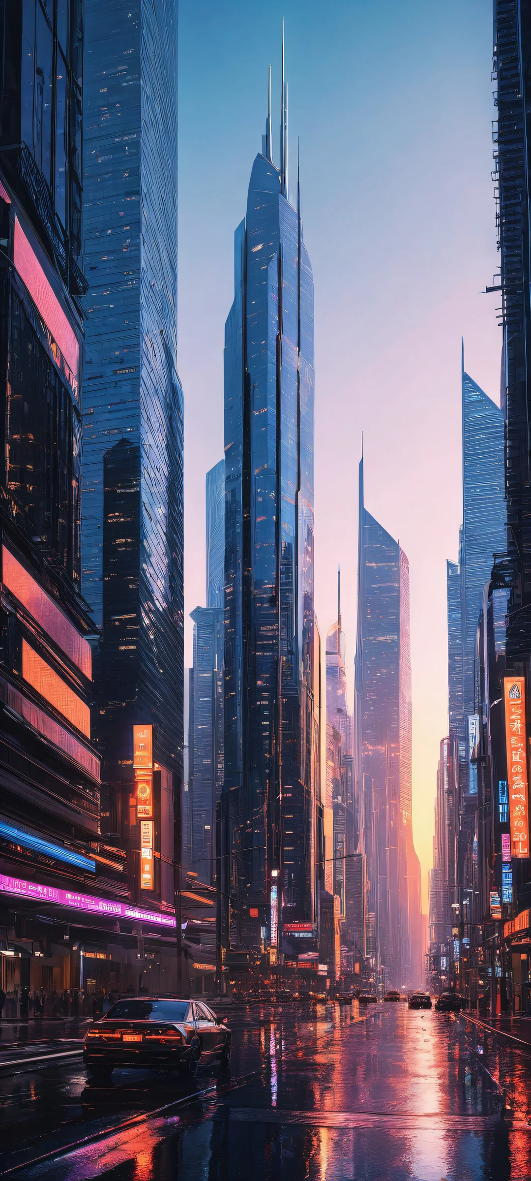 A futuristic cityscape with neon lights and metallic architecture, perfecto para pantallas de inicio de iPhone/Android.