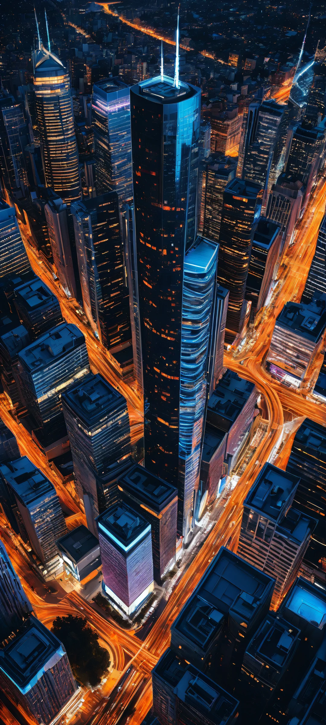 A stunning iPhone/Android wallpaper featuring a futuristic cityscape with neon blues and purples, accented by fiery oranges and yellows, perfeito para sua tela inicial.