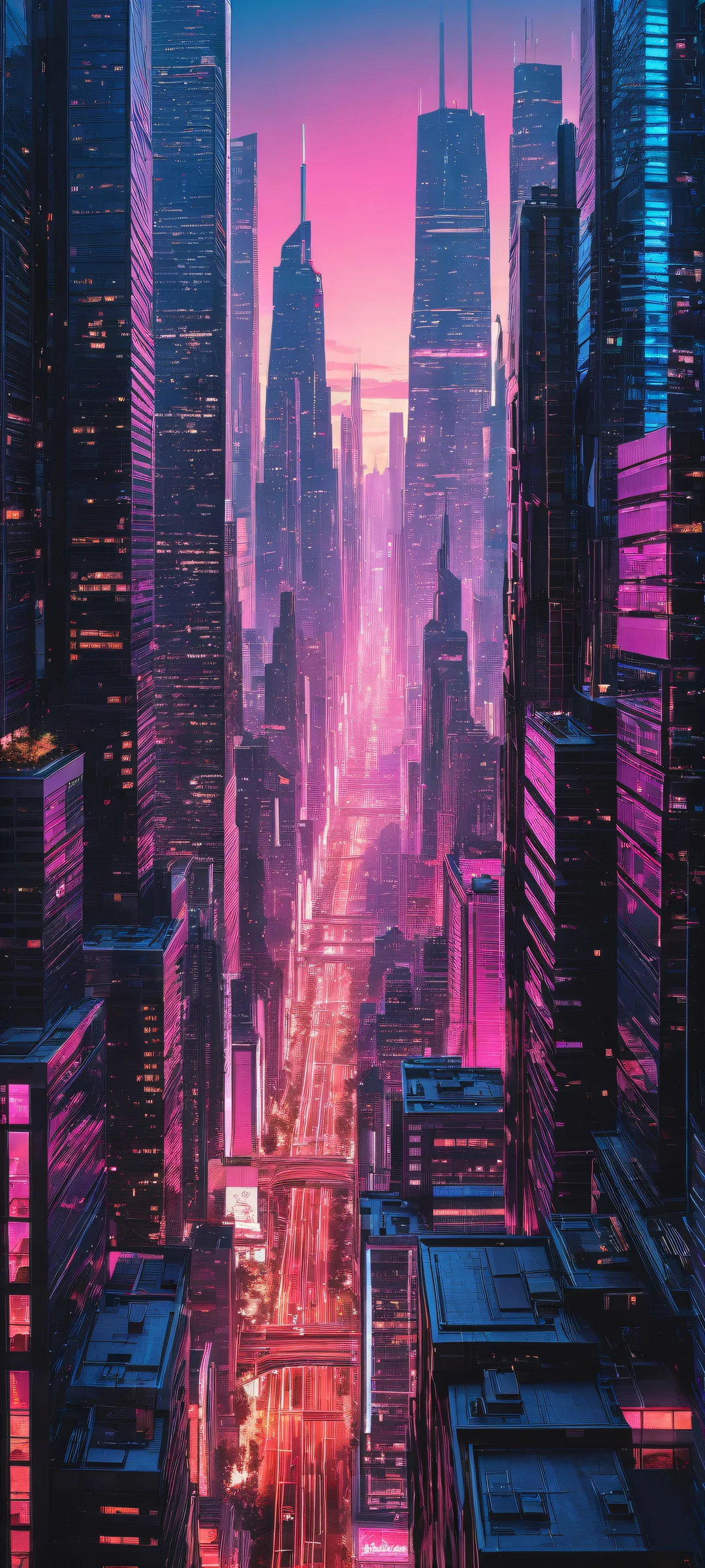 Futuristic Metropolis 2K QHD Home Screen Vertical portrait artwork of a futuristic cityscape on iPhone/Android devices, featuring neon-lit streets and towering skyscrapers.