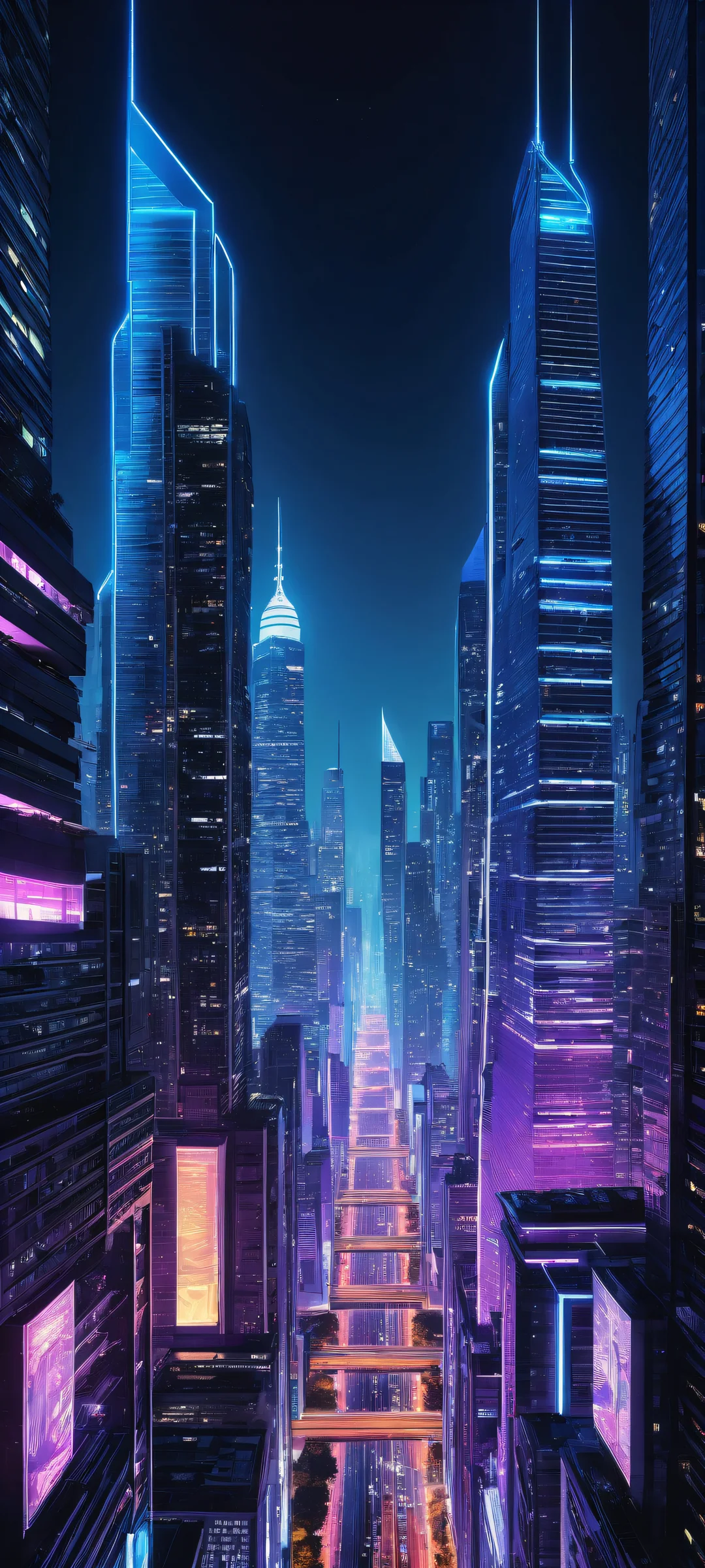 iPhone/Android background featuring a stunning cyberpunk cityscape with neon-lit skyscrapers and hovering drones, Perfectamente optimizado para pantallas de inicio..