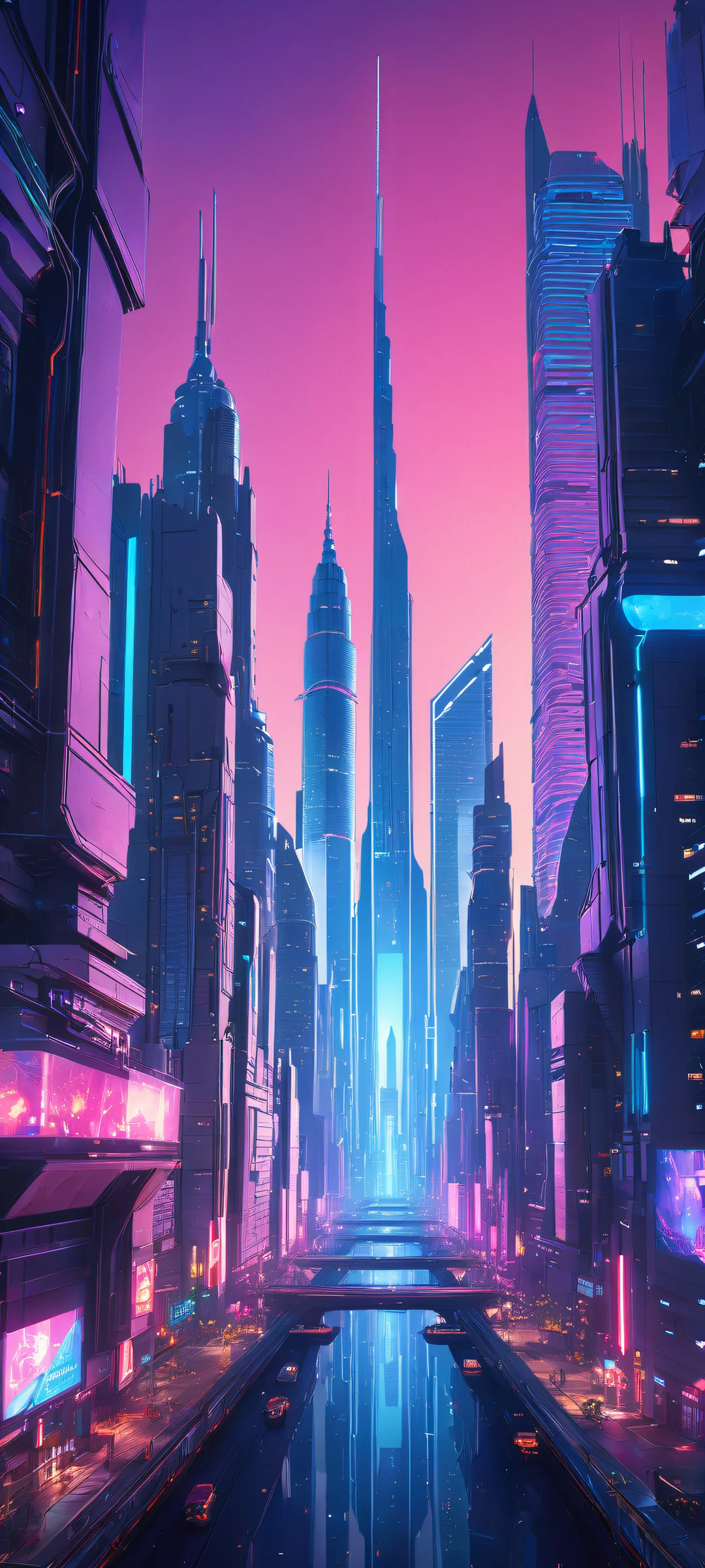 A futuristic cityscape on an iPhone or Android device with neon lights and micro-details. Perfectly optimized for mobile home screens.