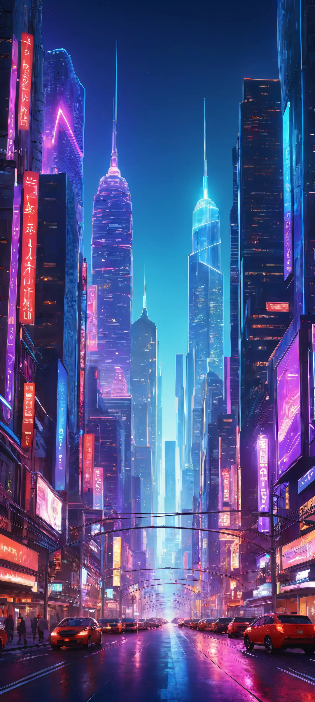 iPhone/Android users will love this breathtaking cyberpunk cityscape wallpaper, featuring neon-lit billboards and intricate micro-details on a pristine black background.