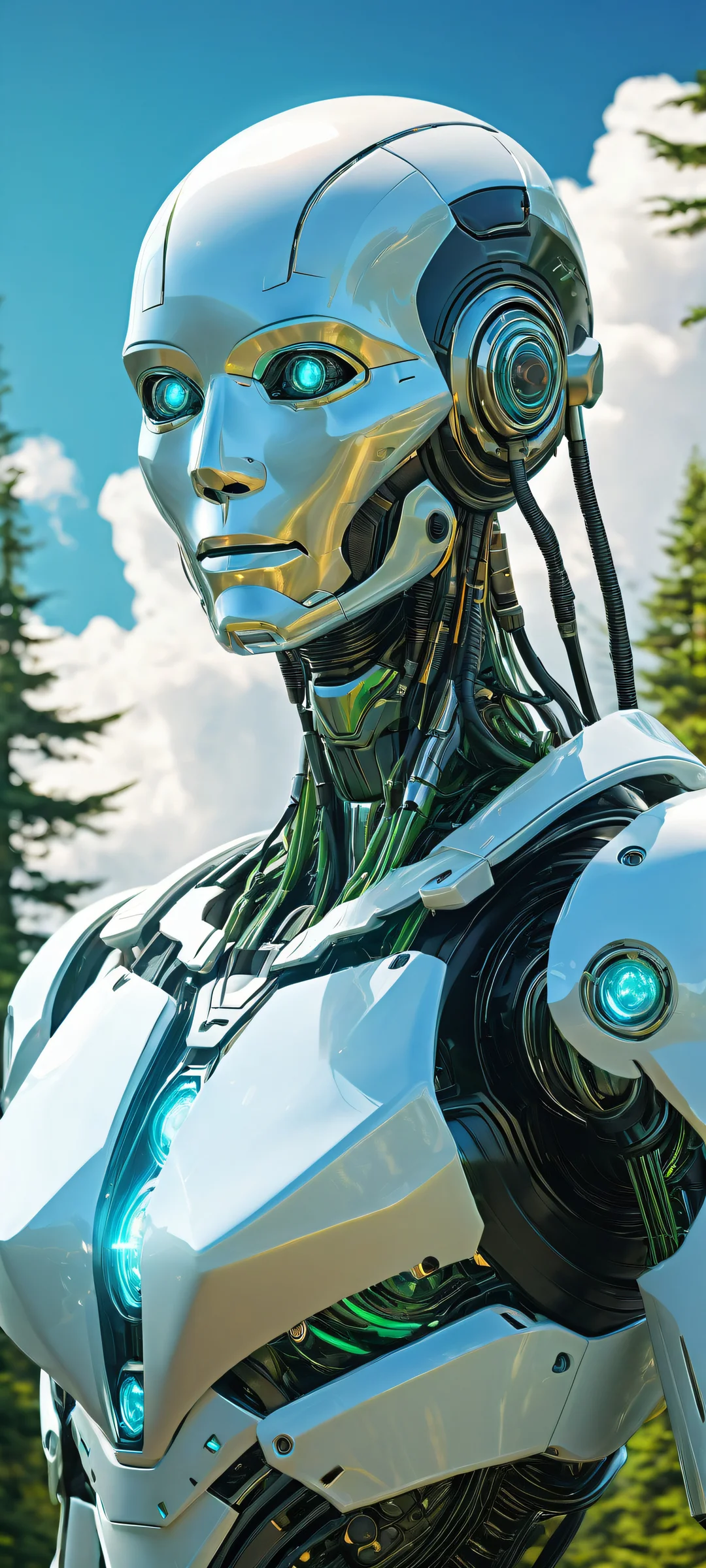 A futuristic robot standing amidst clouds and forest in a serene landscape, perfect for iPhone/Android home screens.