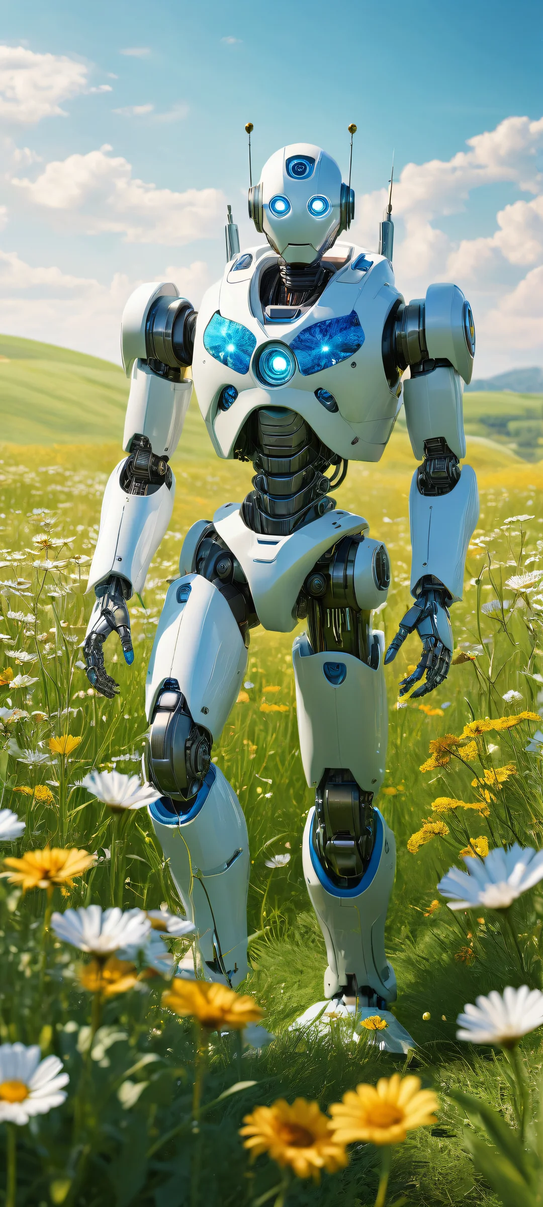 A futuristic robot stands amidst a vibrant meadow on an iPhone/Android home screen.
