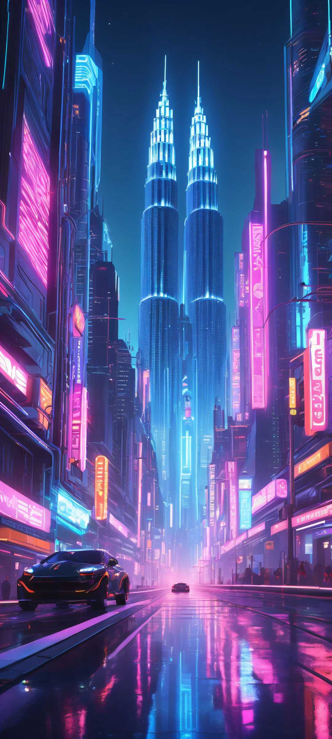 Ethereal cityscape with neon lights on iPhone or Android, perfect for home screen