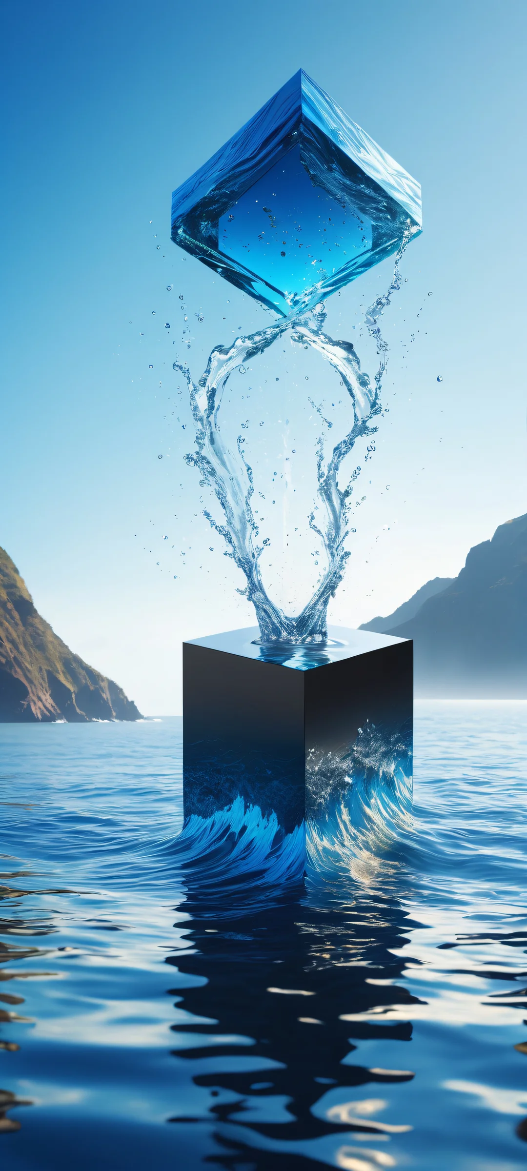 A futuristic cube on a blue oceanic landscape for iPhone/Android.
