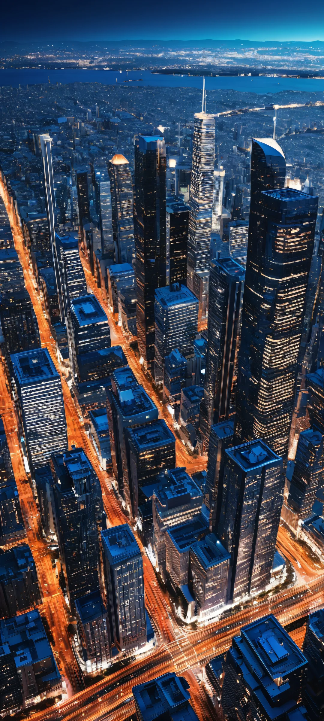 Futuristic Odyssey 2K QHD Home Screen Incredibly detailed futuristic cityscape on iPhone/Android. Dominant colors: Deep blues (#212121) and whites (#FFFFFF), with accents of neon pinks (#FF69B4).