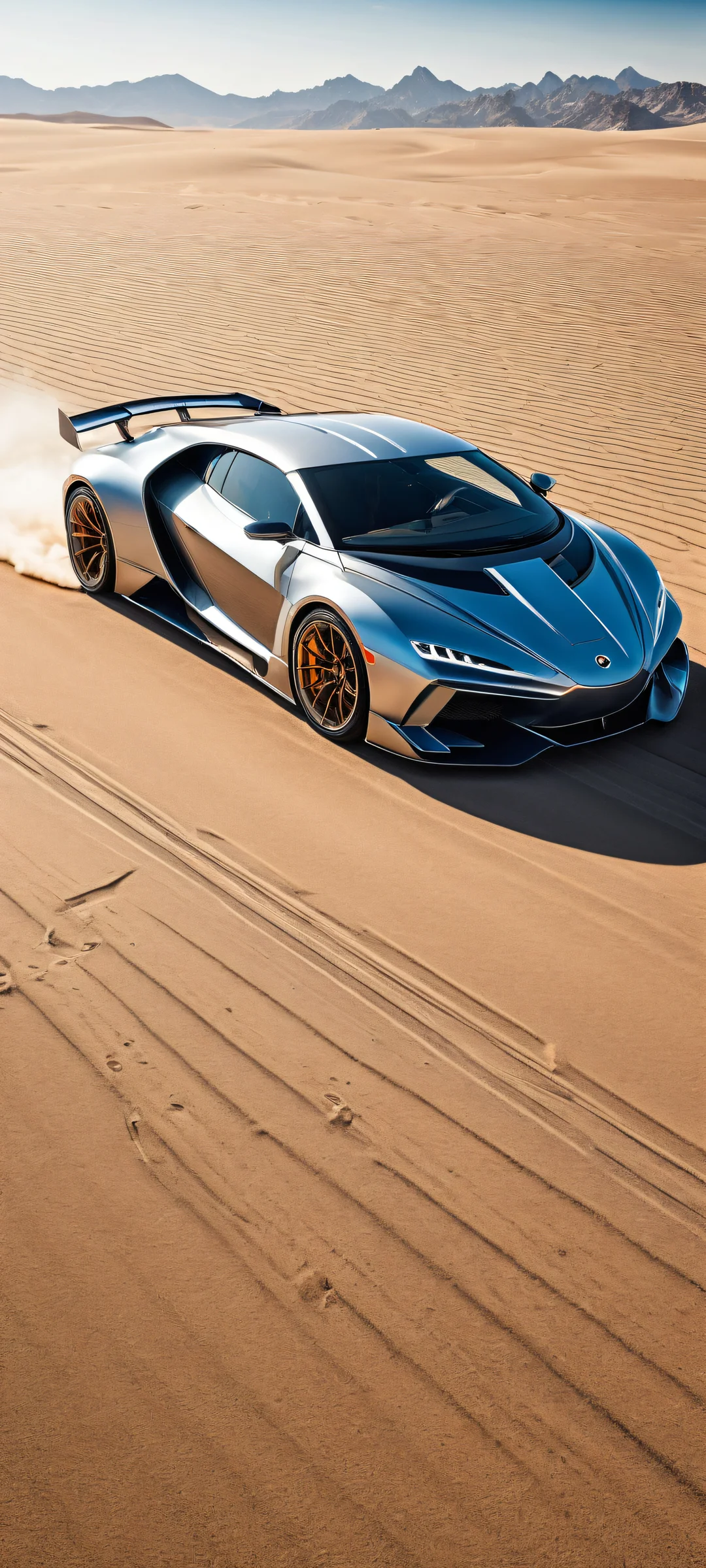 A futuristic car in a vast, sandy landscape on iPhone and Android screens.