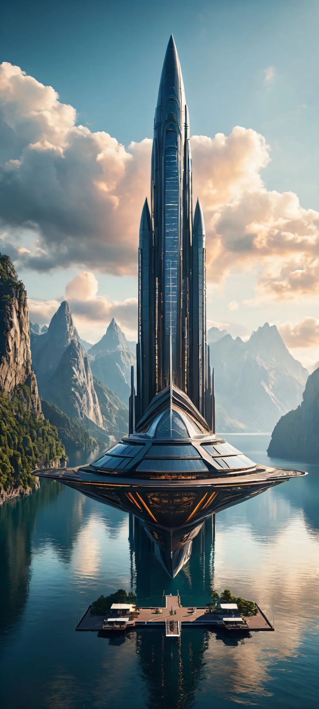 Epic spaceship artwork on iPhone/Android with serene lake and cliffside landscape, ホーム画面に最適.