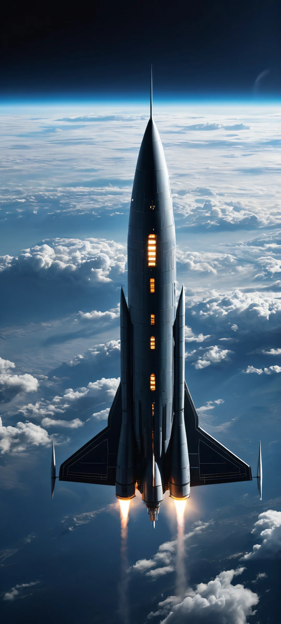 A futuristic spaceship descends into a breathtaking cloud and mountain landscape on your iPhone/Android.