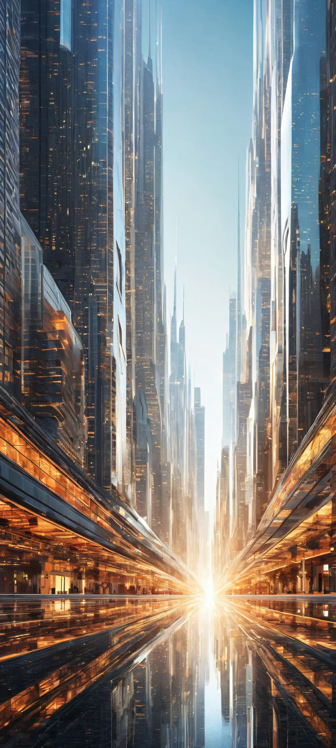 白黒の背景に複雑な微細ディテールを備えた息をのむような未来的な都市景観, iPhone と Android のホーム画面に完全に最適化.