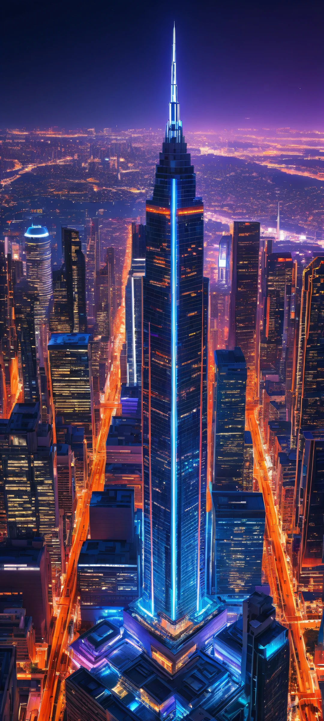 Breathtaking digital artwork of a futuristic skyscraper for iPhone and Android wallpapers, featuring neon hues, ray-traced reflections, and pristine clarity.