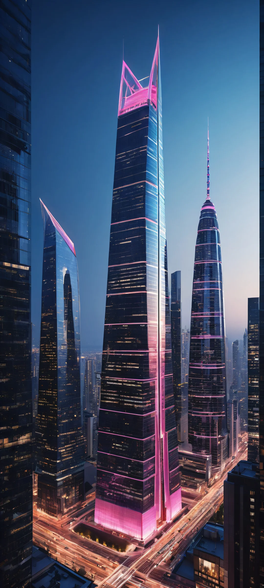 Breathtaking vertical portrait artwork of a futuristic skyscraper with intricate micro-details, perfectly clean and empty top half, and award-winning digital art. Parfait pour les écrans d'accueil iPhone/Android.